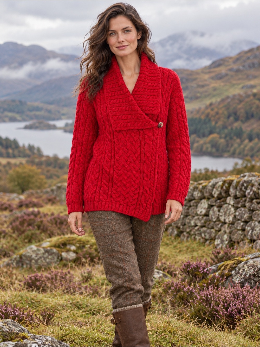 Highland Home Aran Wool Cable Knit Shawl Collar Cardigan M Scotland Fisherman